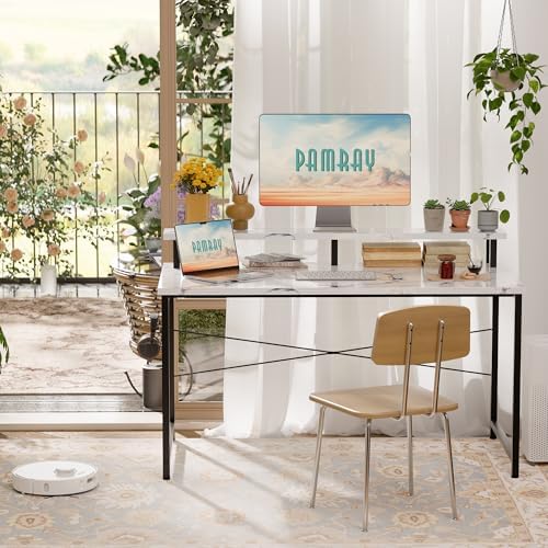 Pamray 47 Inch Small Computer Desk with Monitor Stand, Simple Office Desk with Headphone Hook for Small Spaces, Kids Study Writing Table for Bedroom, Marble - Image 2