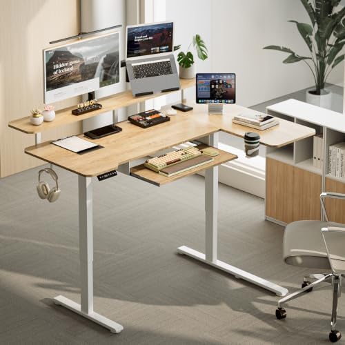 Acrolix 59" L Shaped Standing Desk with Shelves Keyboard Tray,Oak - Image 6