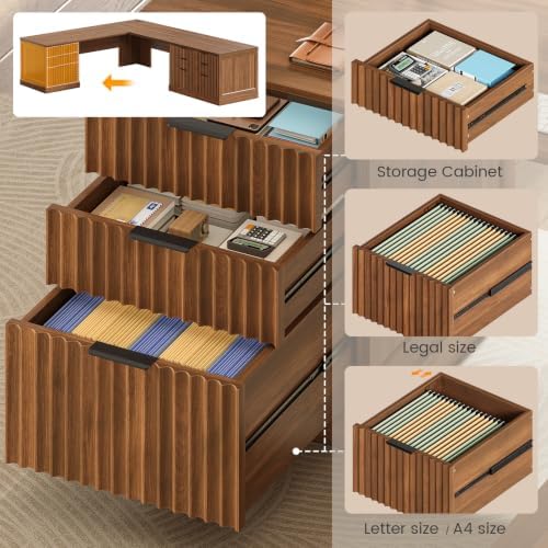 SEDETA Fluted 78.8" L Shaped Executive Desk with 6 Drawers, Brown - Image 5