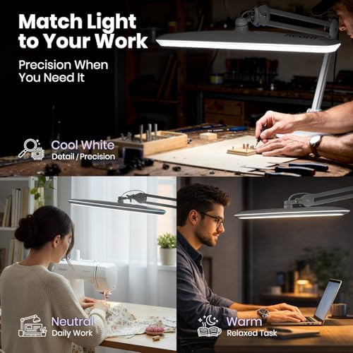 Neatfi XL 2,200 Lumens 20W LED Task Lamp – 23” Ultra-Wide Head | 182 SMD LEDs | 4 Brightness Levels | 3 Light Modes | Eye-Caring, Glare-Free | Adjustable Arm (Silver, CCT with Clamp) - Image 3