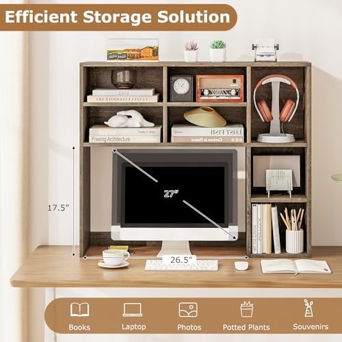 LDAILY Desktop Bookshelf, 37’’ Wood Desk Shelf with 7 Cubes & 3 Adjustable Shelves, 3-Tier Desk Display Rack, Desk Hutch for Dorm College Office Computer Monitor Up to 27’’ (Grey Oak, 7 Shelves) - Image 2