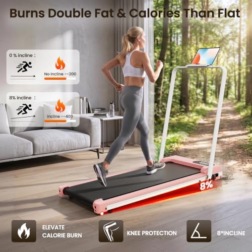 Pink Walking Pad Portable Treadmill with Incline 8% Small Walking Pad Handle Bar Under Desk for Home Office Mini Treadmill with 2.5HP Ultra Quiet <40dB 0.62~5 MPH Compact Foldable 320 lb Capacity - Image 5