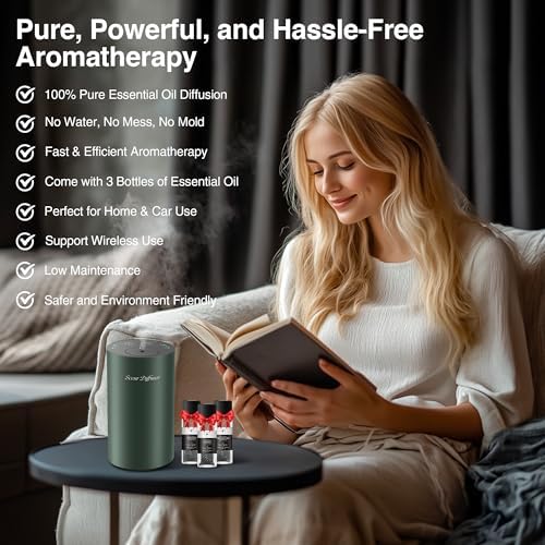 Waterless Essential Oil Diffuser Starter Kit - No Water Needed, Battery Operated Mini Scent Air Machine, Included 3x20ML Essential Oils, Portable Aromatherapy Diffuser for Home & Car & Office, Green - Image 2