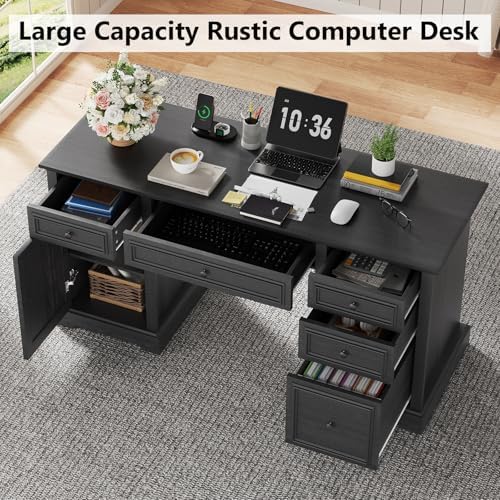 Vipbear 60" Farmhouse Executive Desk with Drawers and Cabinet, Embossed Texture Wood Home Office Desk, Rustic Computer Writing Desk, Workspace for Work Study Writing (Black) - Image 3
