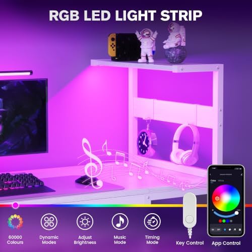 40 Inch Small Gaming Desk with Drawers & Led Lights & Storage Bag, White - Image 5