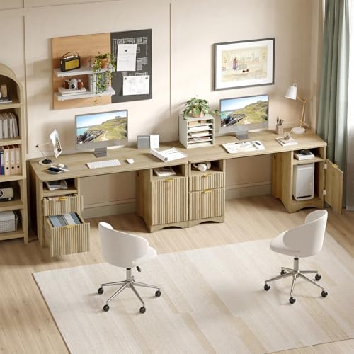 Bestier 59 inch Computer Desk with 2 Drawers, Office Desk with Storage File Cabinet and 2 Open Storage Shelves, Modern Fluted Executive Desk for Home Office Bedroom, Natural Oak - Image 6
