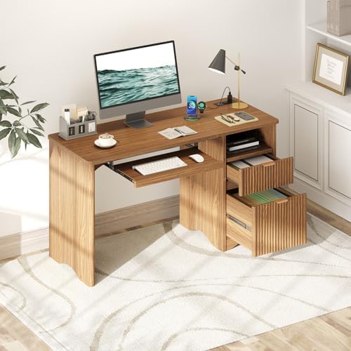 Bestier 55 Inch Computer Desk with Drawers, Power Outlet, Brown Oak - Image 4