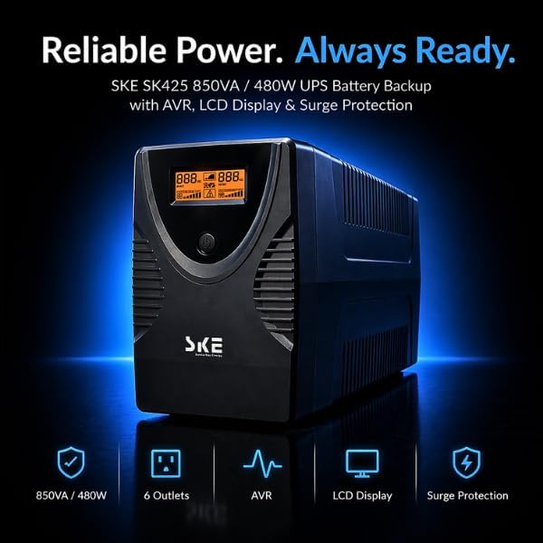 SKE SK850 850VA/480W UPS Battery Backup & Surge Protector - Uninterruptible Power Supply with LCD Display, AVR Voltage Regulation, 6 Outlets, Backup Power for PC, Router, NAS & Home Office - Image 3