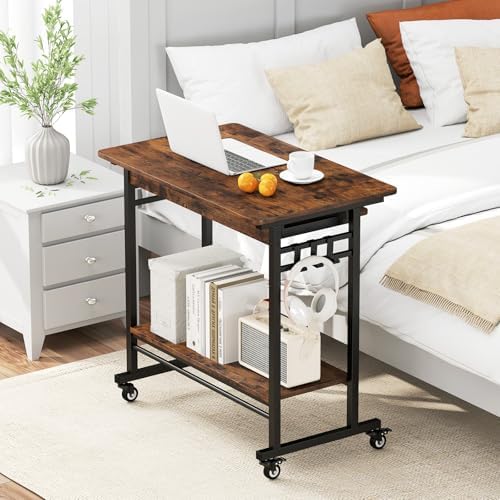 Tangkula Rolling Computer Desk Cart with Keyboard Tray, Mobile Portable Laptop PC Desk with CPU Stand & 3 Hooks for Sofa & Bed, Industrial Small Desk on Wheels for Small Spaces, Home Office Desk - Image 5