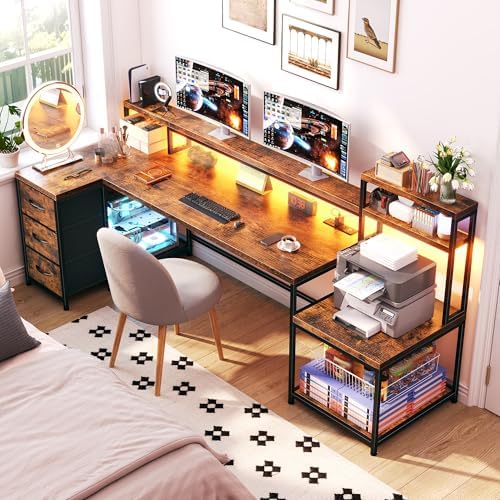 EnHomee71 L Shaped Computer Desk with Drawers,Printer Shelf for Home Office by EnHomee
