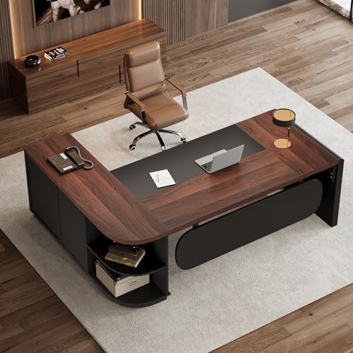 Tribesigns 81'' L-Shaped Executive Desk, Large Modern Office Desk with Drawers and File Cabinet for Home or Business Workspace, Computer Desk with Storage Shelves, Walnut & Black - Image 5