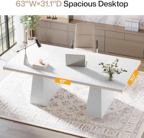Tribesigns 63-Inch Executive Desk, Large Office Computer Desk with Double Pedestal, Modern Simple Workstations Writing Table Conference Table Business Furniture for Home Office, White - Image 6