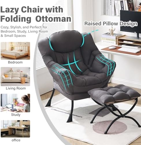 Furlide Lazy Chair with Ottoman, Modern Chair with Folding Footrest, Dark Grey Accent Chair, Comfortable Reading Chair, Oversized Armchairs for Bedroom, Study, Living Room, Courtyard - Image 6