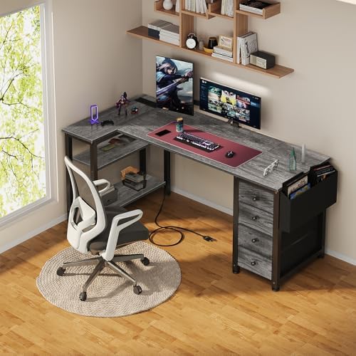 Lufeiya L Shaped Gaming Desk with Drawers & Storage Shelves, 55 Inch Corner Computer Desk with Power Outlet for Home Office Bedroom, L-Shaped Teen PC Desks with Fabric Drawer, Gray - Image 2
