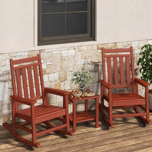HDPE Rocking Chair Outdoor Set of 2 with Side Table, High Back Rocker by Garvee