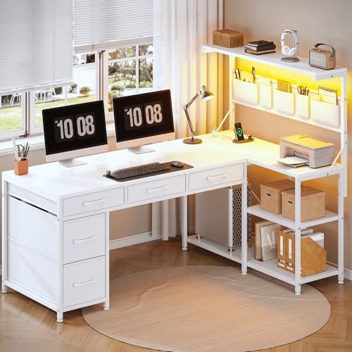 SEDETA Corner Computer Desk, Reversible L Shaped Computer Desk with Fabric Drawers and Power Outlet, 47.2” Gaming Desk with LED Lights, Storage Shelves and Hutch, White - Image 3