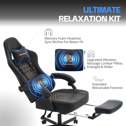 Desk Computer Gaming Chair - Ergonomic Game Office Chair with Extended Footrest and Massage Lumbar Support, Home Gamer Video Game Chairs with Spring Cushion for Adults (Pro Black Leather) - Image 6