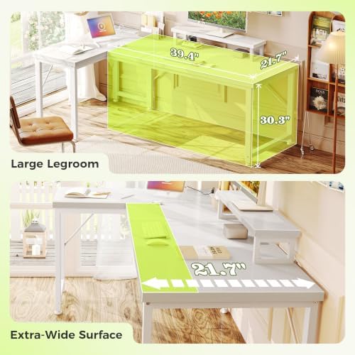 PRAISUN 53" L Shaped Computer Desk, Power Outlets, Monitor Stand, White - Image 4