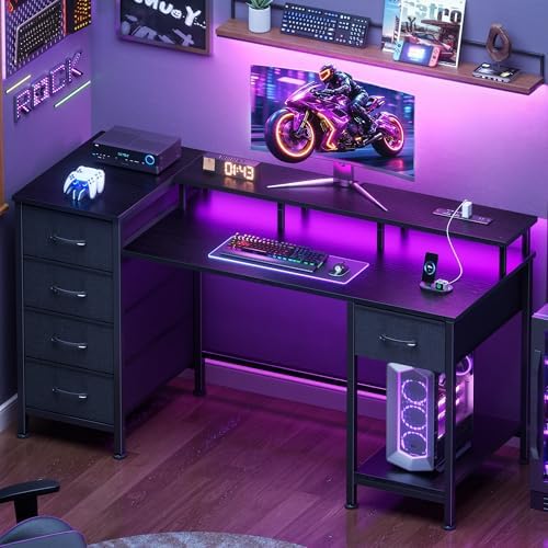 Korfile 47 Inch Gaming Computer Desk with Power Outlets,LED,5 Drawers,Black - Image 3