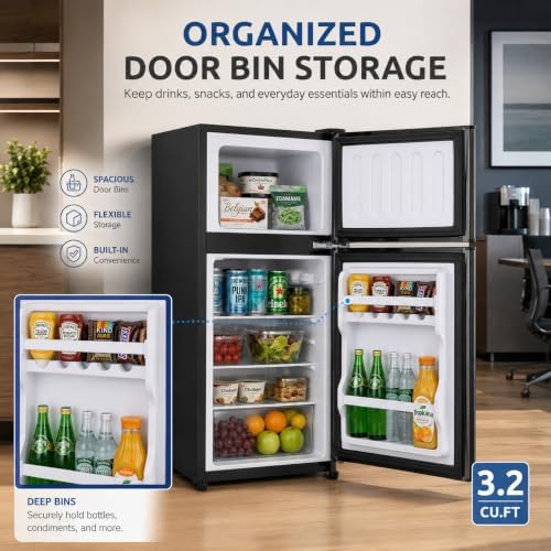 3.2 Cu.Ft Mini Refrigerator with Freezer, 2 Door Compact Fridge with Adjustable Thermostat & Removable Glass Shelves, Energy Efficient Small Refrigerator for Bedroom, Dorm, Office, Apartment - Image 5