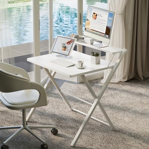 GreenForest Folding Desk No Assembly Required Large Size, 2-Tier Foldable Computer Desk with Shelf for Home Office, Space Saving Portable Laptop Study Foldable Table for Bedroom, White - Image 2