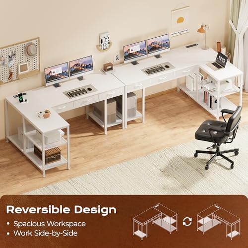 PRAISUN 55 Inch L Shaped Office Desk with Power Outlets and Type-C Port, Large Computer Gaming Desk with 3 Fabric Drawers, Mesh Shelves, Corner Study Work Writing Desk, White - Image 4