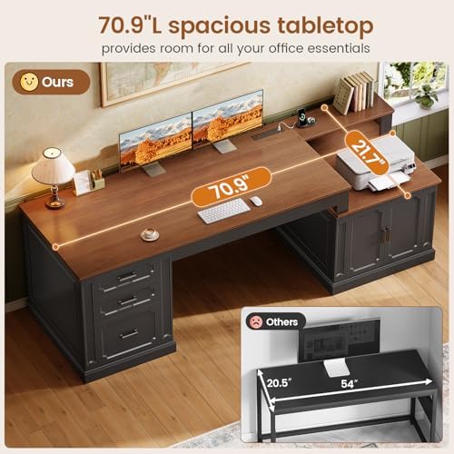 SEDETA Farmhouse 70.9" Executive Desk, Home Office Desk with File Drawers and Storage Cabinet, Computer Desk with Power Outlet for Home Office, Work Study Writing, Black+Brown - Image 6