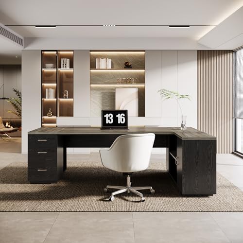 Tribesigns 85.8-Inch L-Shaped Executive Office Desk with File Drawers & Storage Cabinet, Professional Corner Computer Desk Extra Large Business Workstation with Adjustable Shelves (Gray&Black) - Image 3