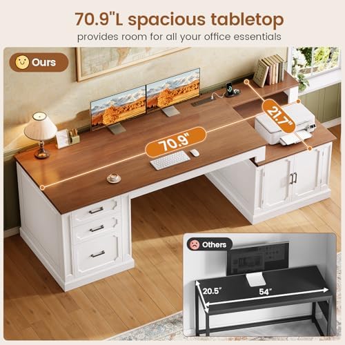 SEDETA Farmhouse 70.9" Executive Desk, Home Office Desk with File Drawers and Storage Cabinet, Computer Desk with Power Outlet for Home Office, Work Study Writing, White+Brown - Image 6