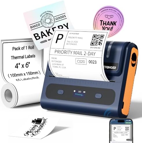 Battery Powered Shipping Label Printer | DP45S 4x6 Cordless Portable Thermal Label Printer for Small Business, Rechargeable Battery, Built-in Paper Bin, Compatible with iPhone Android Windows by DETONGER