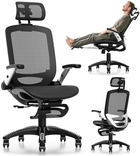 GABRYLLY Ergonomic Office Chair, High Back Home Desk Chair with Footrest,3D Headrest, Flip-Up Arms, 135° Tilt and Wide Cushion, Heavy Duty Mesh Chairs for Task Computer Gaming, Black by GABRYLLY
