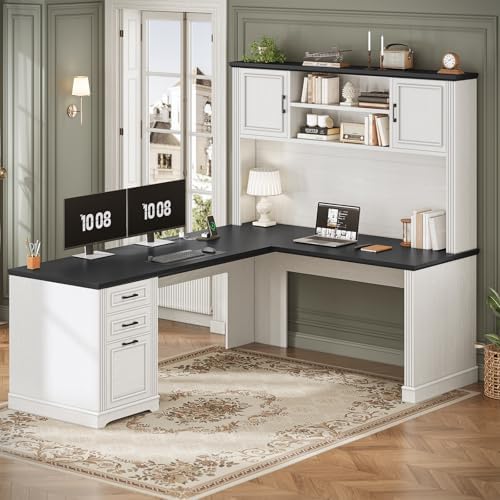 SEDETA Farmhouse L Shaped Desk with Hutch and 3 Drawers, 68.9" Executive Office Desk with File Drawer and Power Outlet, Corner Computer Desk with Storage Shelves for Home Office, White by SEDETA