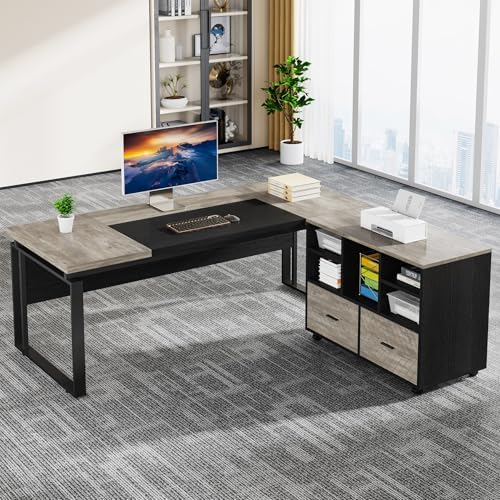 Tribesigns L-Shaped Executive Desk with Reversible File Cabinet, 63" Office Desk with Storage Drawers, L-Shaped Computer Desk with Drawer Cabinet for Hanging Letter Size Files (Gray & Black) by Tribesigns
