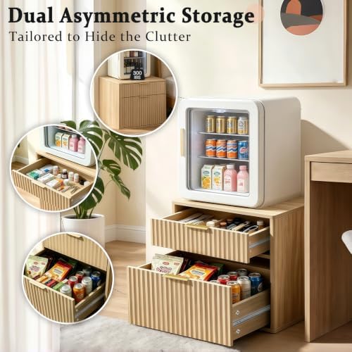 Mini Fridge Stand with Storage, Fluted Mini Fridge Cabinet with 2 Drawers, Wood Refrigerator Table Stand for College Dorm Room, Home Office & Bedroom, Light Oak, 22.4" W - Image 4