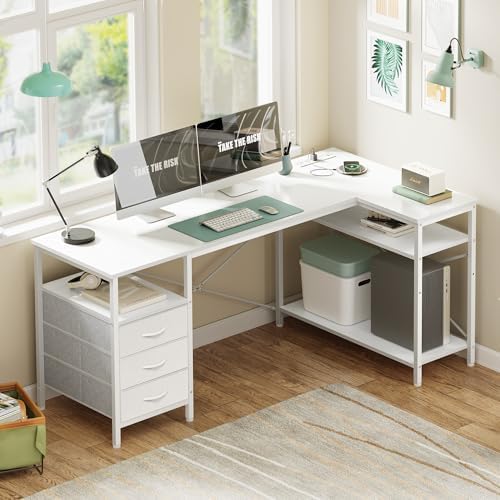 Huuger L Shaped Office Desk with Power Outlets & 3 Drawers - Image 2