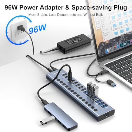 Powered USB 3.2 Hub, 16 Port USB Hub with 10Gbps Data Speed, 8 USB-A & 8 USB-C Ports, 96W Power Adapter for PC, Laptop, Printer, Camera - Image 4