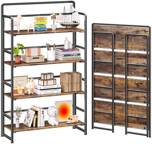 4NM No Assembly Extra Wide 4 Tier Folding Bookshelf Storage Shelves Vintage Bookcase Standing Racks for Bedroom Living Room Home Office by 4NM