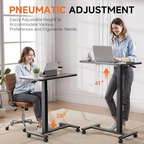 GTPLAYER Small Standing Desk with Lockable Wheels, Pneumatic Mobile Rolling Laptop Desk,Adjustable Height Overbed Bedside Table Computer Workstation for Home Office (32" W x 18" D, Black) - Image 4