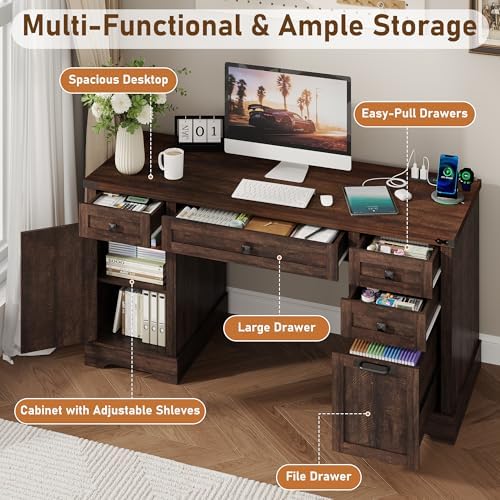 Squireewo 58'' Farmhouse Home Office Desk with Drawers, Wooden Executive Desk with Charging Station, File Drawers and Storage Cabinet, Computer Desk for Work, Study and Writing, Brown - Image 4