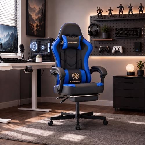 Desk Computer Gaming Chair - High Back Ergonomic Office Chair with Footrest and Lumbar Support, Swivel Comfy Home Gamer Video Game Chairs with Pocket Spring Cushion for Adults (Blue Leather) - Image 2