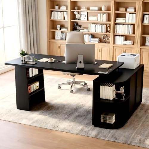 71" L-Shaped Executive Desk Big Business Furniture Desk Workstation, Large Office Computer Desk with Double Pedestal and Power Outlets, Modern Simple Table Conference for Home Office, Black - Image 7