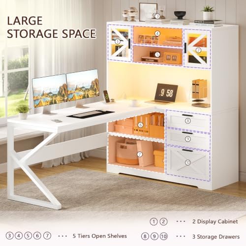 59" Farmhouse L Shaped Gaming Desk with Storage Drawers, LED Lights, Outlet - Image 7