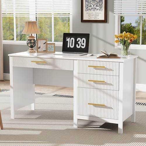 Executive Desk with Drawers: 54" White Home Office Desks with File Drawer by LuxuryFurniture