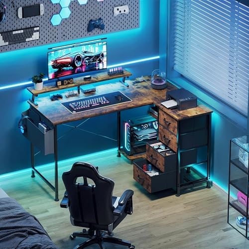 VERMESS 47" Reversible L Shaped Gaming Computer Desk, Corner Desk with Power Outlets & Monitor Stand, Writing Study Table with 4 Storage Drawers, Desk with LED Lights, Rustic Brown - Image 2