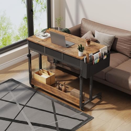 WINAZ Rolling Standing Desk Adjustable Height with Drawers on Wheels, 40 Inch Portable Mobile Stand Up Computer Desks for Bedroom Home Office, Couch Sofa Side Laptop Table with Storage, Rustic Brown - Image 4
