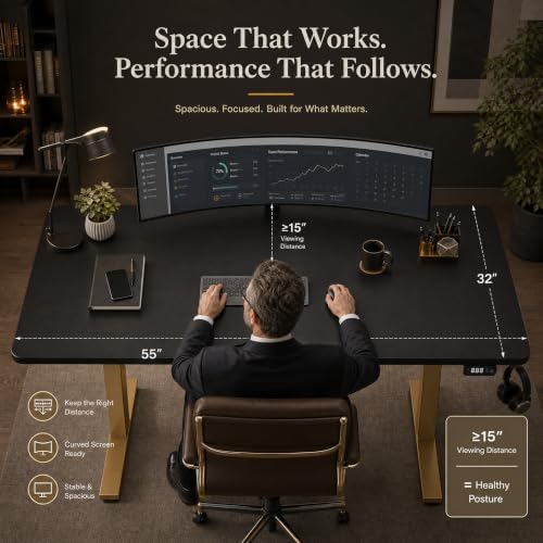 Grandder 55x32 Extra-Deep Electric Standing Desk, Wide Desktop Fits 49" Ultrawide Monitor+Dual Screens, 176 lbs Capacity, 2 Memory Presets, Anti Collision, Computer Desk, Black Top&Gold Frame - Image 4