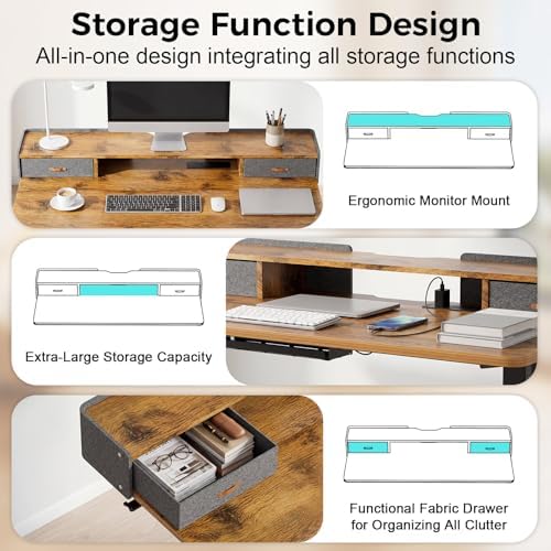 Electric Standing Desk with Drawers, 63 Inch Height Adjustable Desk with Power Outlets & LED Lights, Sit Stand Table with Monitor Stand for Home, Office, Brown - Image 5