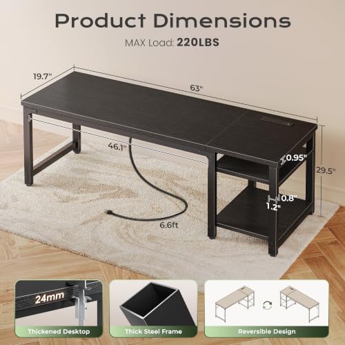 Huuger 63'' x 19.7'' Computer Desk with Power Outlets, 0.95'' Thick Desktop - Image 2