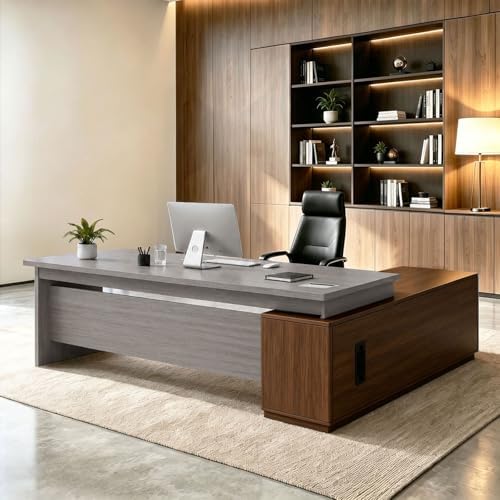 L Shaped Executive Desk with Drawers, Large Wood Workstation, Modern Executive Office Furniture for Home Office and Business Workspace, Multiple Sizes & Colors by Unknown