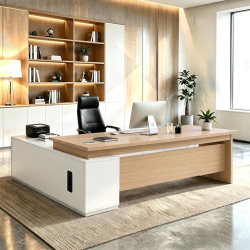 L Shaped Executive Desk with Drawers, Large Wood Workstation, Modern Executive Office Furniture for Home Office and Business Workspace, Multiple Sizes & Colors by Unknown